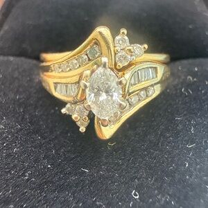 Vintage Marquise & Baguette Diamond Engagment Ring in Yellow Gold
